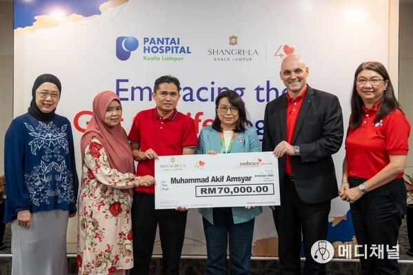 Ms. Erica Lam, CEO of PHKL and Mr. Daniel Kaeflein. GM of Shangri-La KL at the mock cheque presentation ceremony, marking another milestone in the PHKL–Shangri-La partnership for children with congenital heart disease.