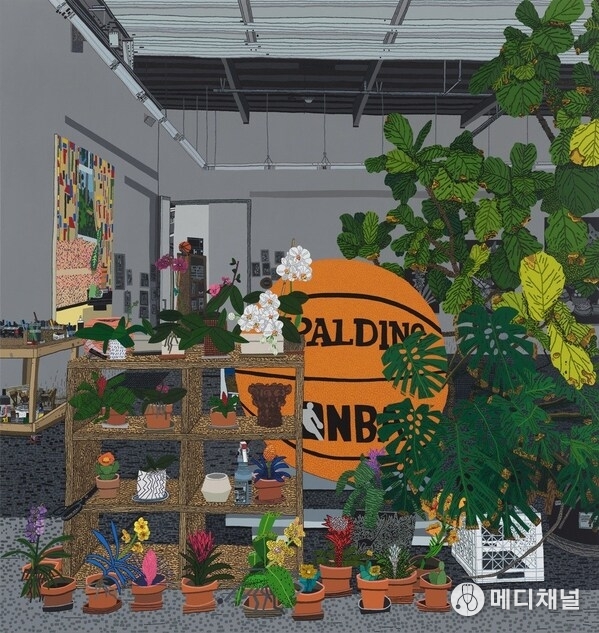 Jonas Wood, Bball Studio, 2021, Oil and acrylic on canvas, 279.4 x 264.2 cm Artwork © Jonas Wood. Photo: Marten Elder.