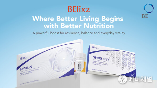 BElixz product line featuring SHIRUTO, LIVCORE, and I-VXION against a light blue background with the tagline "Where Better Living Begins with Better Nutrition"
