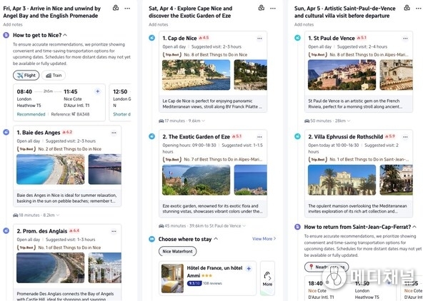 A sample Trip.Planner itinerary of a three-day solo trip to Nice for a nature escape.