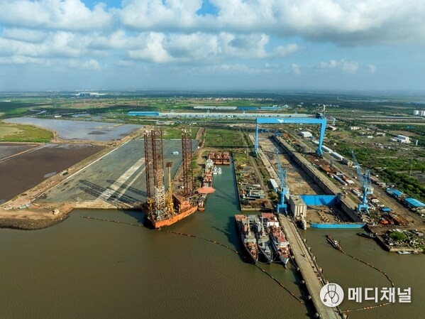 An aerial view of Swan Defence and Heavy Industries shipyard in Gujarat, India.